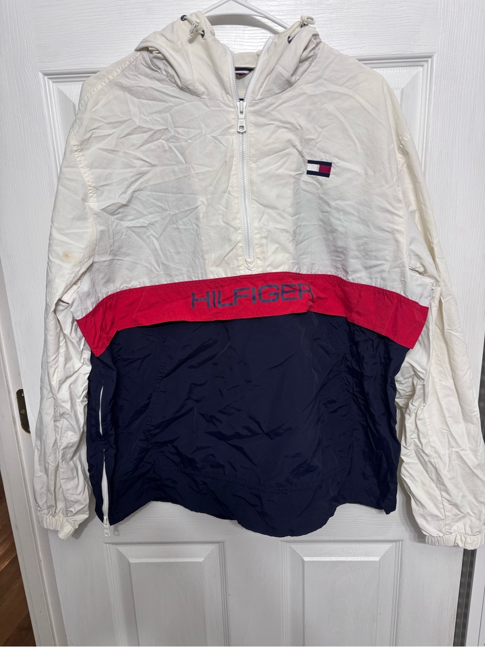 Tommy Hilfiger White, Red & Navy Color-Block Hooded Windbreaker
